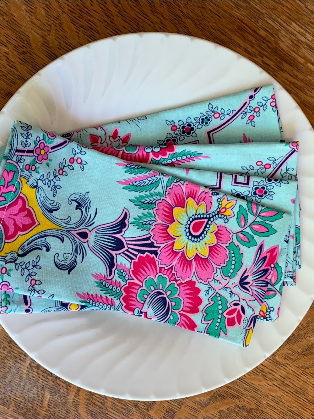 4 Handmade Bright Floral Cotton Dinner Napkins - Aqua and Pink